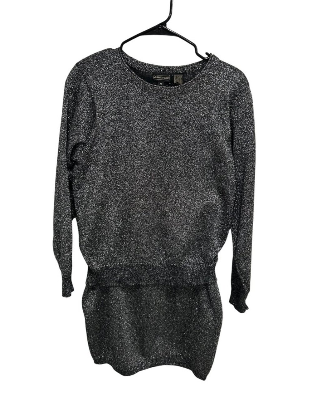 Jeanne Pierre Set Medium Metallic Knit Sweater Skirt Black Silver Party Evening